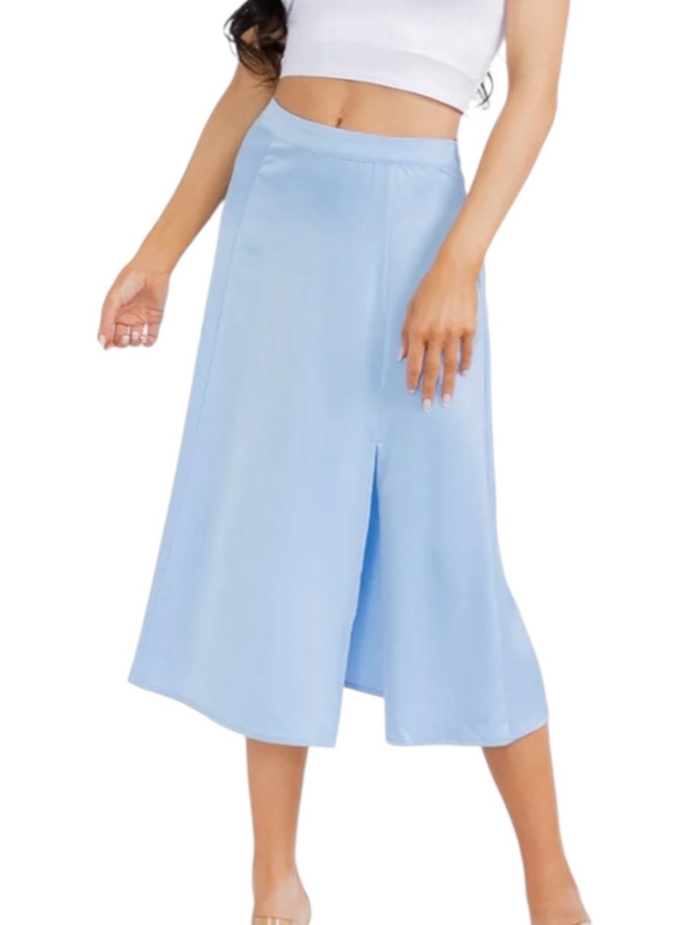 Sugarlips Blue Satin Flowy A line Summer Dress Casual Midi Skirt